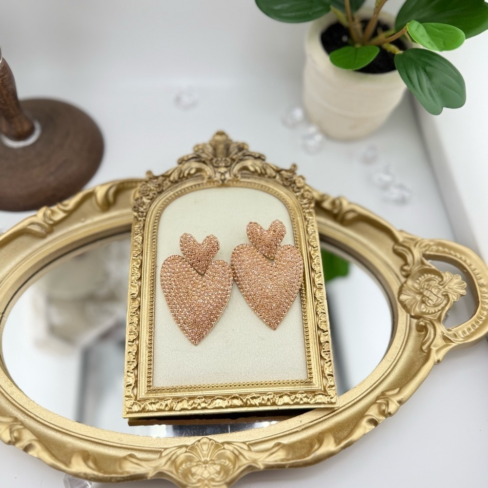 Statement Heart Earrings | Champagne Gold-Tone Rhinestone Drop Dangles - Picture 7 of 11